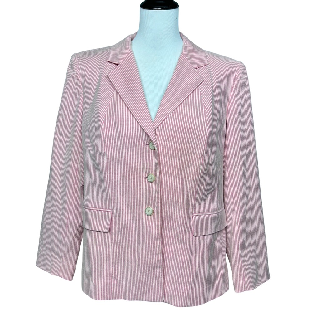 Talbots Seersucker Blazer Women 14 Petites Pink White Striped Stretch Coastal